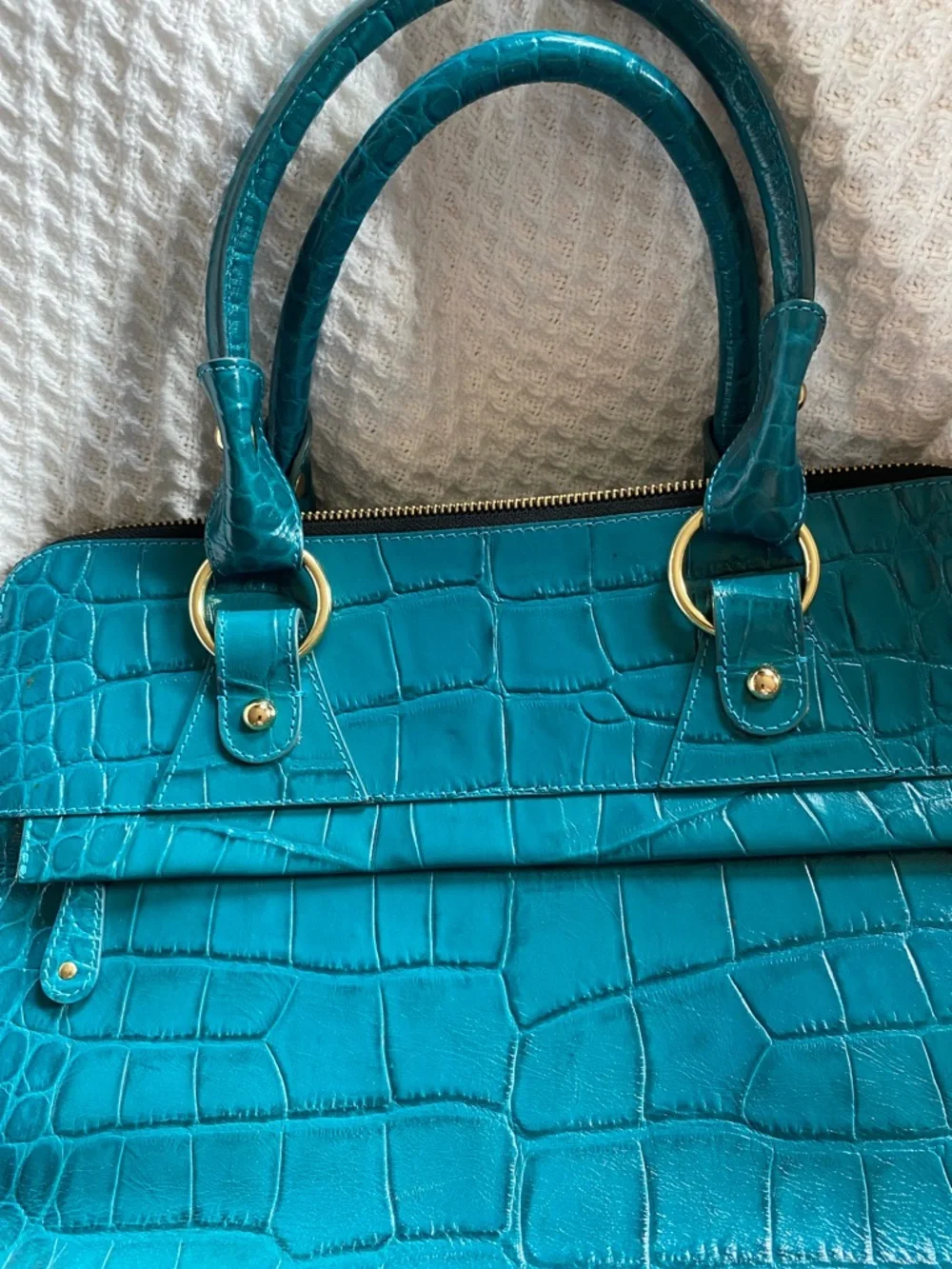 Modalu Teal Leather Croc-Embossed Satchel with Gold Hardware